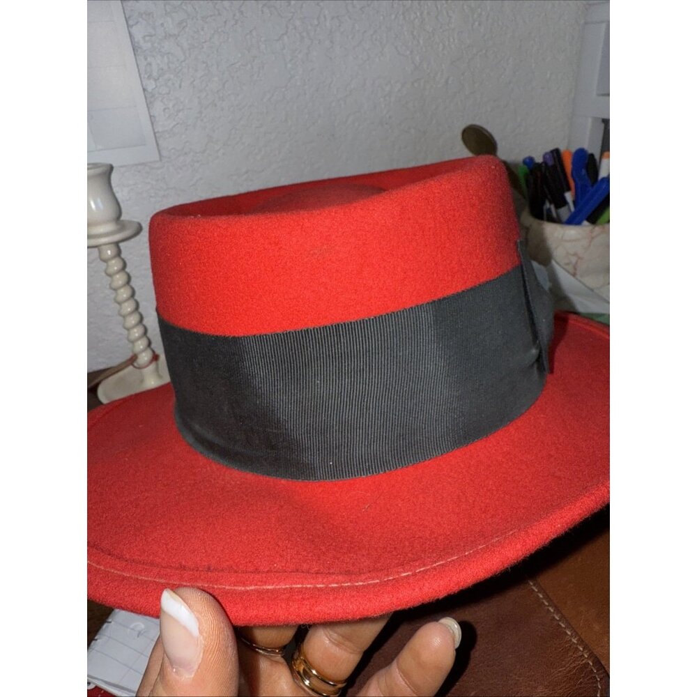 Halston Wool Red Black Bow Fedora Hat 5923 100% Wool Vintage Style Round - Picture 6 of 6